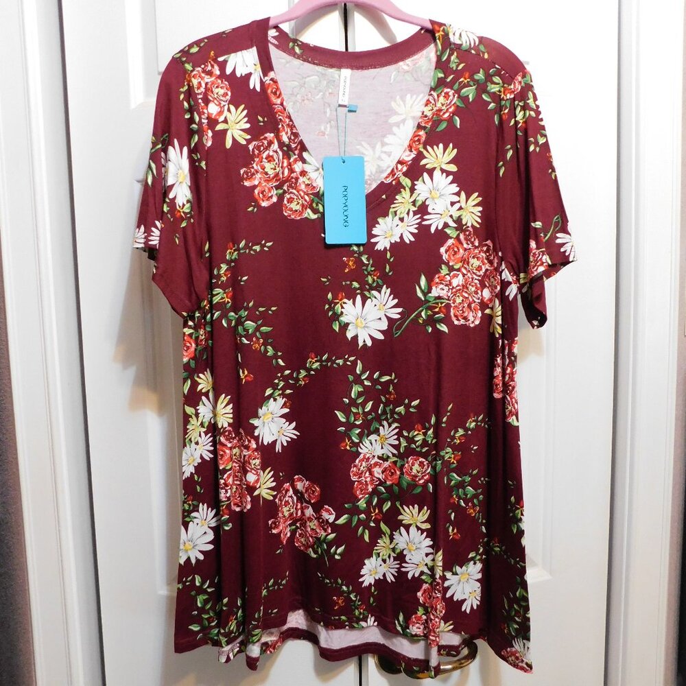 NWT Popyoung Burgundy Floral Tunic Top Sz XL